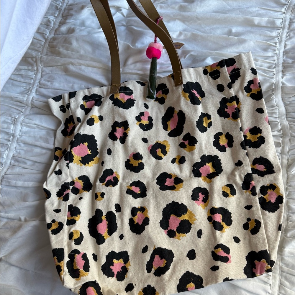 NWT Leopard Print canvas Tote Bag with Brown Handles pink and Pom keychain